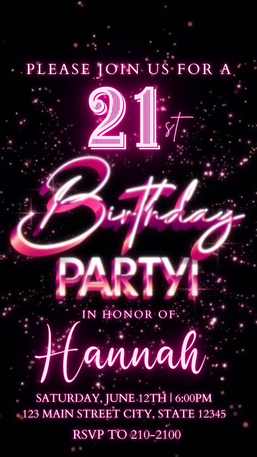 Pink Neon 21st Milestone Video Invitation | Digital Glowing Age Invite | Editable Online Template