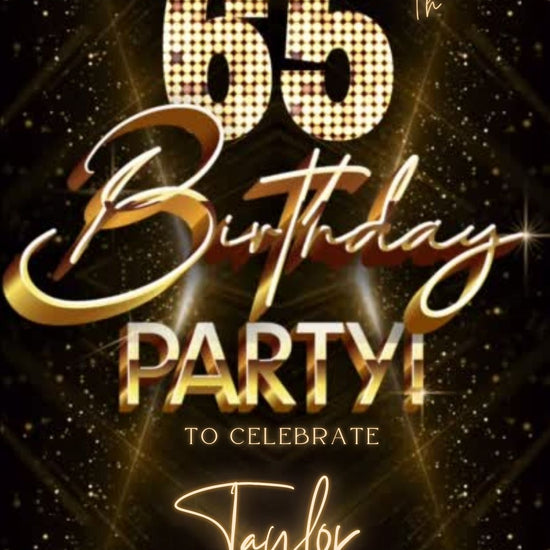 Editable gold glitter 65th birthday video invitation displayed on a mobile phone, featuring an animated vertical digital invite with music, created in Canva. This premium video invitation template is designed for sharing by text, email, and social media and works with an interactive RSVP website for easy guest response tracking.