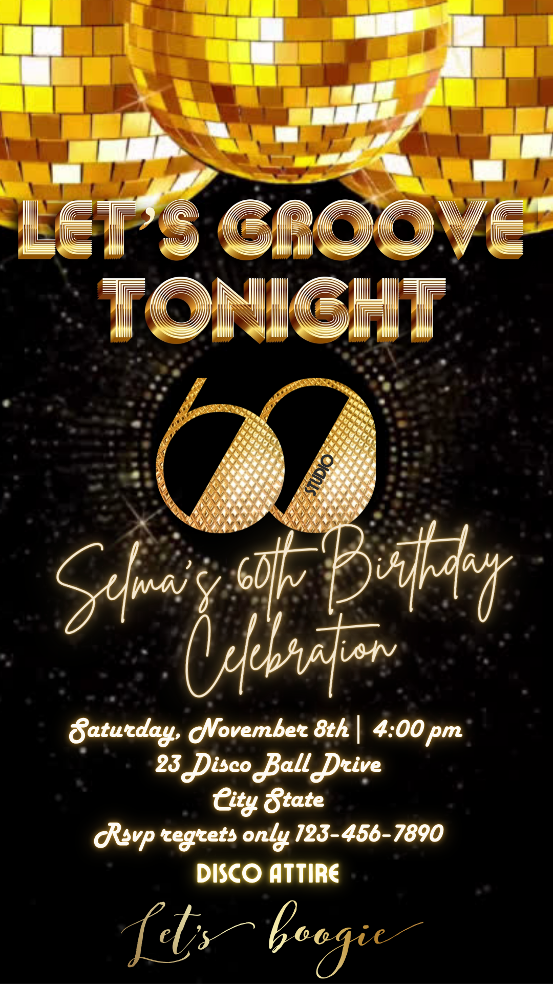 Gold Disco Ball 60th Milestone Video Invitation | Digital Let's Groove Boogie Invite | Editable Online Template