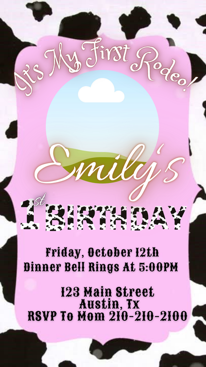 Pink Cowgirl First Rodeo Video Invitation | Digital Western 1st Event Invite | Editable Online Template