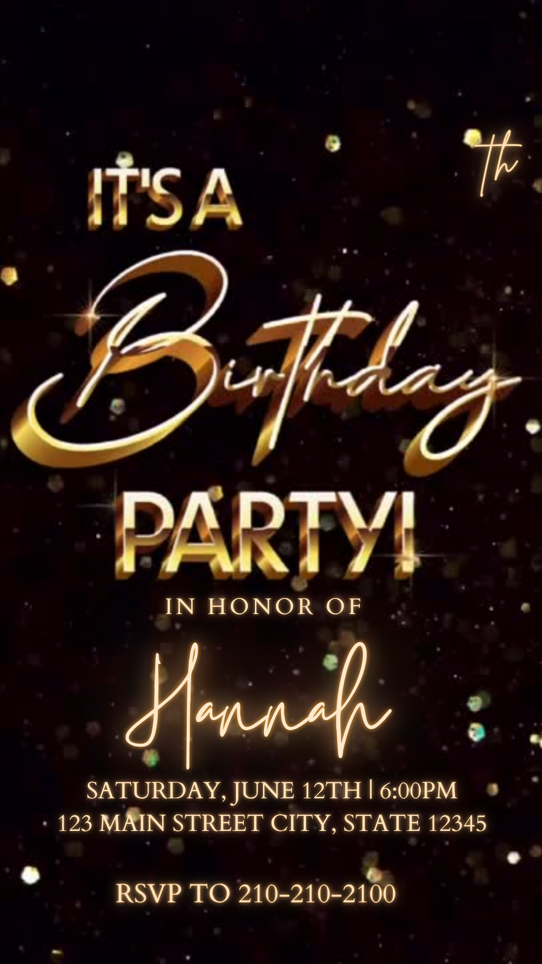 Golden Confetti Milestone Video Invitation | Digital Black & Gold Sparkle Invite | Editable Online Template