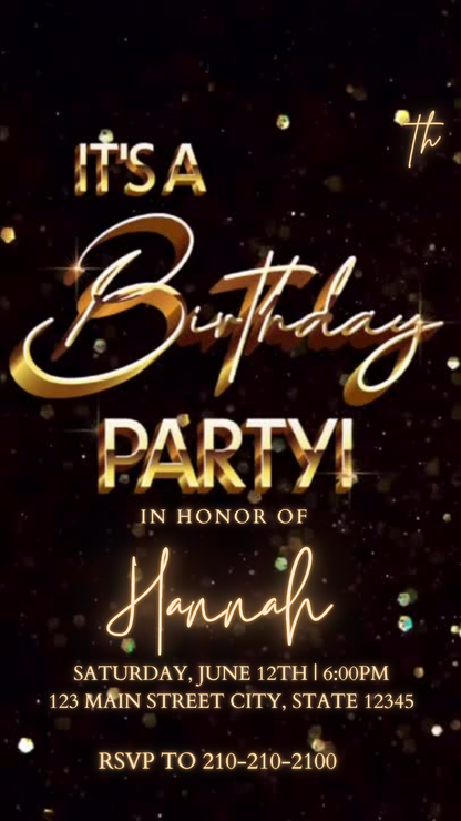 Golden Confetti Milestone Video Invitation | Digital Black & Gold Sparkle Invite | Editable Online Template