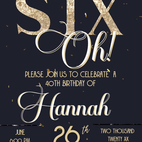 The Big Six Oh Milestone Video Invitation | Digital Black & Gold Glitter Invite | Editable Online Template