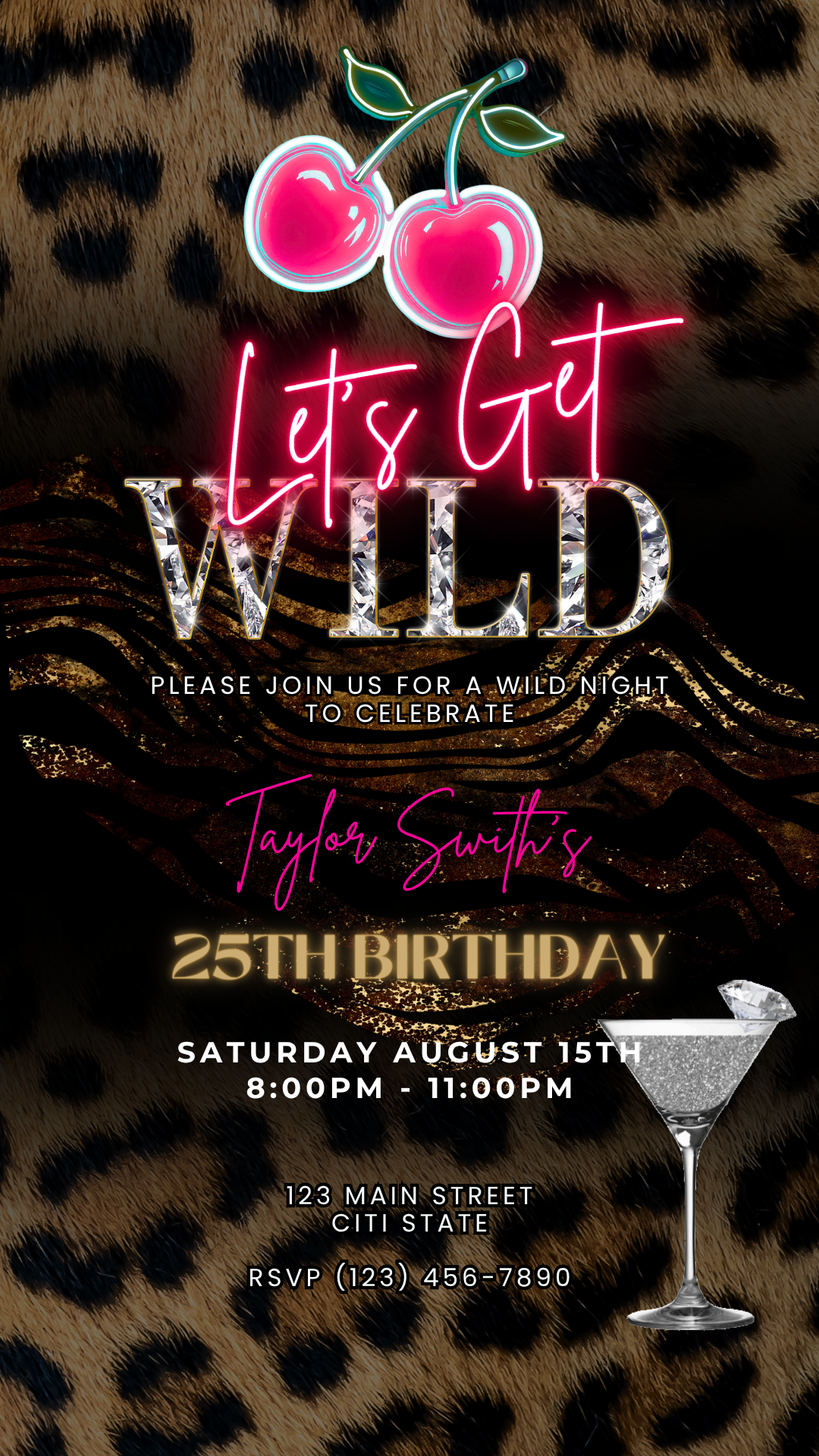 Lets Get Wild Leopard Print Birthday Dinner Video Invitation – Safari Glam Animated Evite