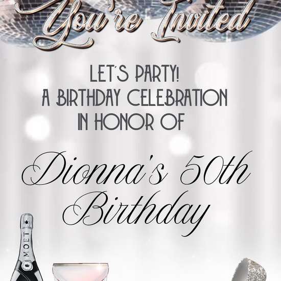 Champagne & Diamonds Milestone Video Invitation | Digital Silver Sparkle Glam Invite | Editable Online Template