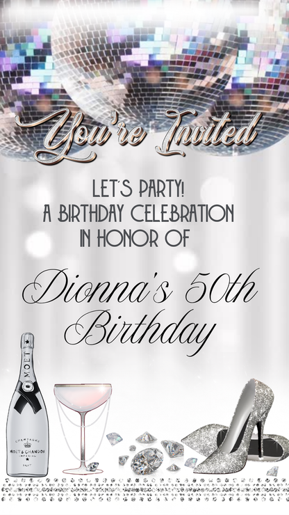 Champagne & Diamonds Milestone Video Invitation | Digital Silver Sparkle Glam Invite | Editable Online Template