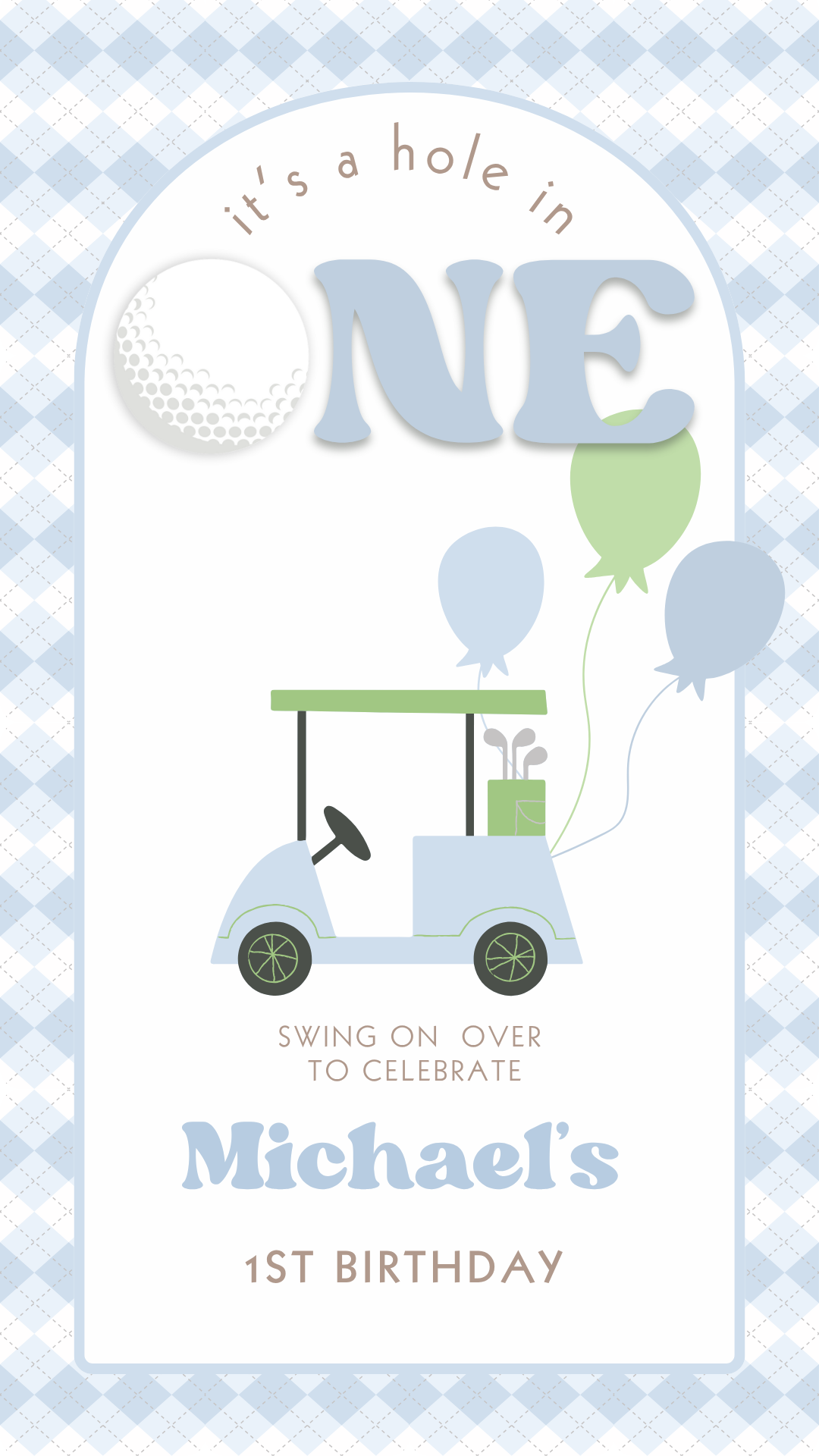 Hole in One Golf Video Invitation | Digital Blue Argyle Golf Cart Invite | Editable Online Template