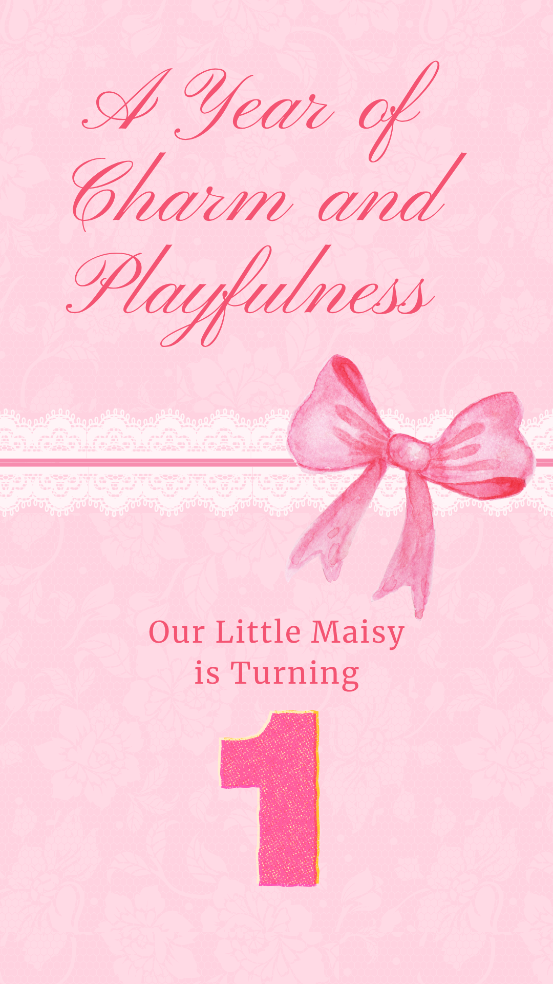 Pink Bow Charm Video Invitation | Digital Elegant First Year Invite | Editable Online Template