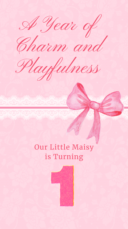 Pink Bow Charm Video Invitation | Digital Elegant First Year Invite | Editable Online Template