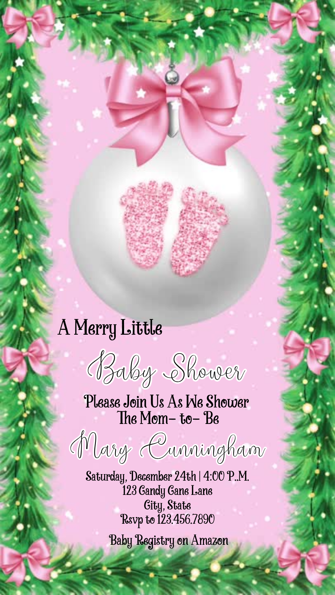 Merry Little Baby Shower Video Invitation | Digital Pink Winter Ornament Invite | Editable Online Template
