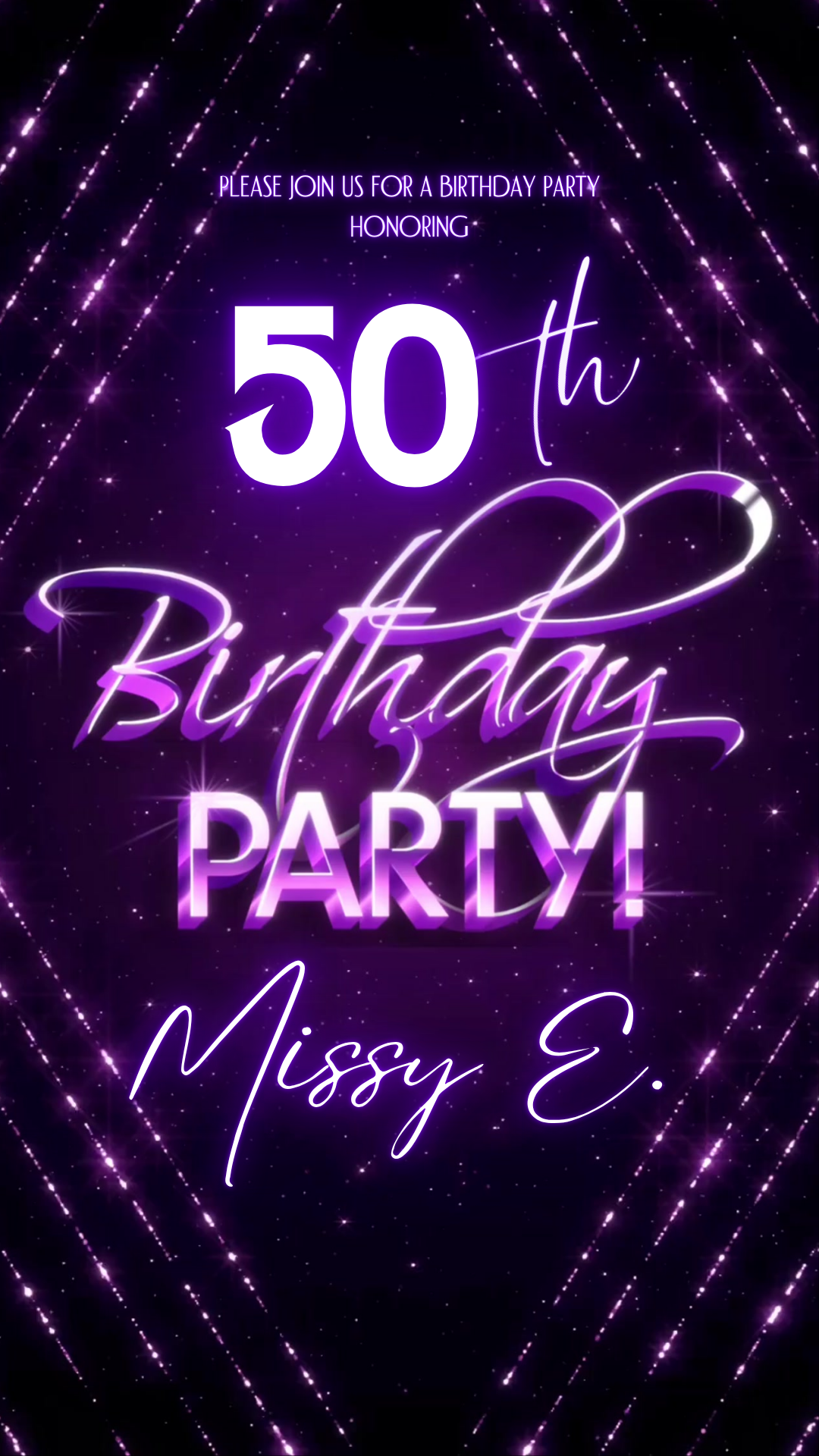 Purple Neon Lights Milestone Video Invitation | Digital Glowing Starburst Invite | Editable Online Template