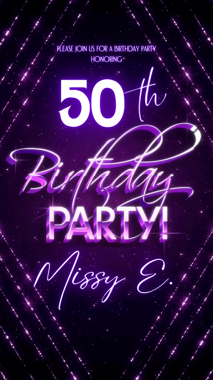 Purple Neon Lights Milestone Video Invitation | Digital Glowing Starburst Invite | Editable Online Template