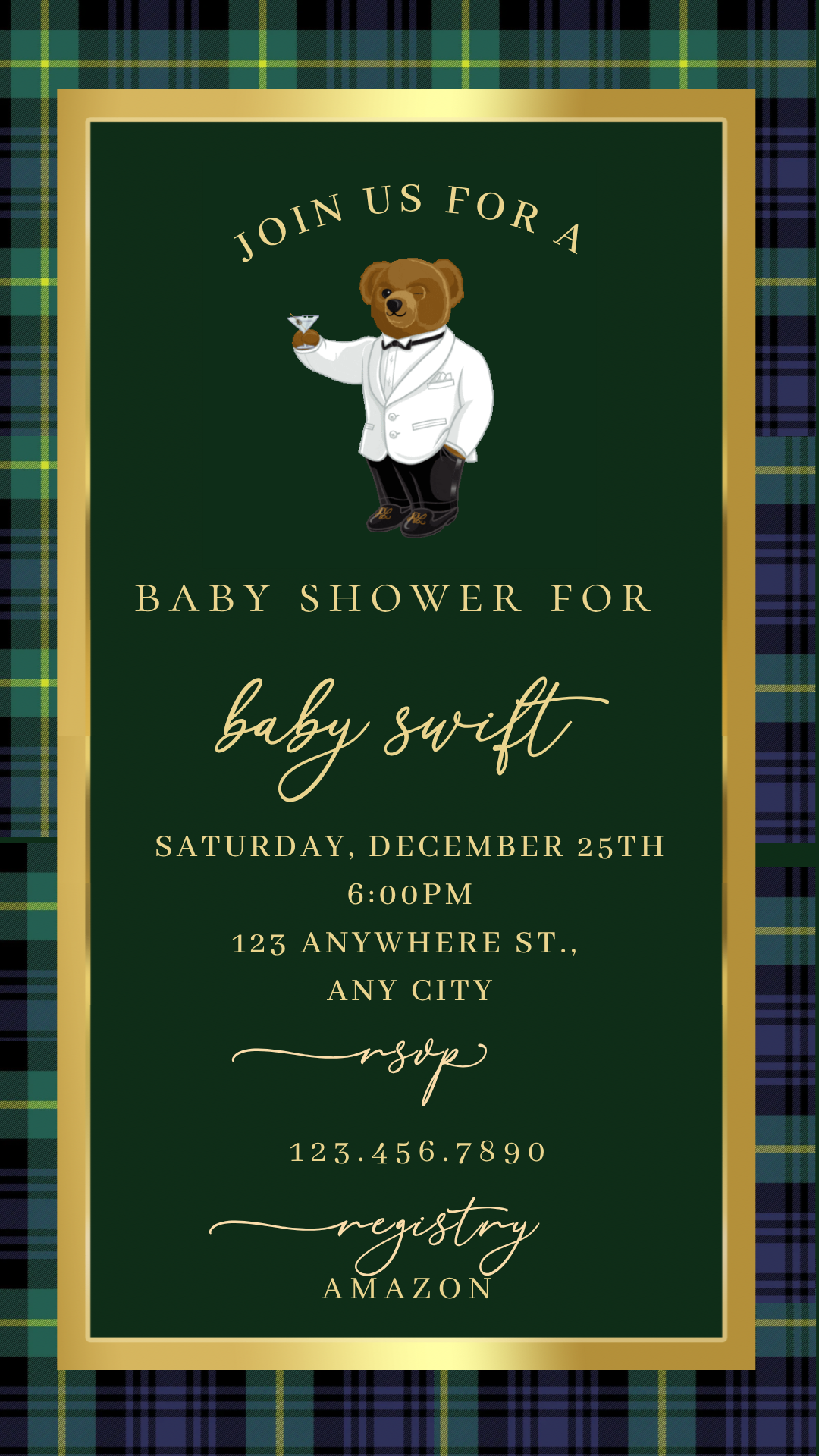 Preppy Plaid Bear Baby Shower Video Invitation | Digital Tartan Teddy Invite | Editable Online Template