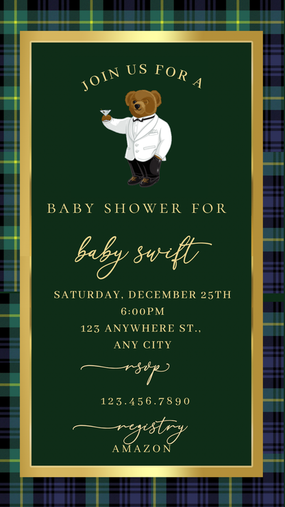 Preppy Plaid Bear Baby Shower Video Invitation | Digital Tartan Teddy Invite | Editable Online Template