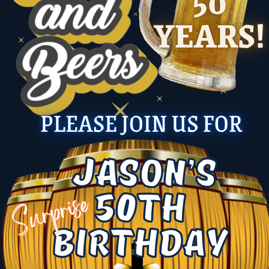 Cheers and Beers Milestone Video Invitation | Digital Beer Barrel Golden Toast Invite | Editable Online Template