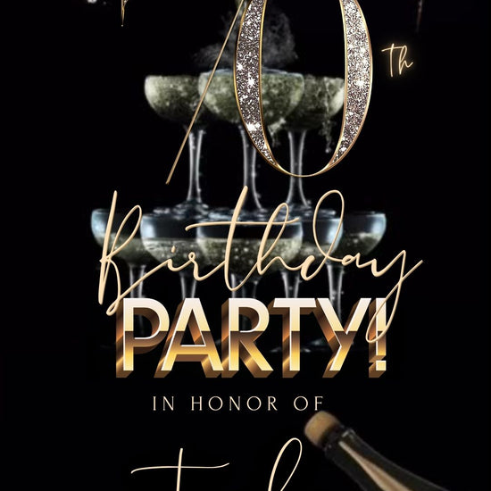 Editable champagne gold 70th birthday video invitation displayed on a mobile phone, featuring an animated vertical digital invite with music, created in Canva. This premium video invitation template is designed for sharing by text, email, and social media and works with an interactive RSVP website for easy guest response tracking.