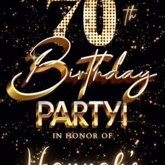 Editable gold fireworks 70th birthday video invitation displayed on a mobile phone, featuring an animated vertical digital invite with music, created in Canva. This premium video invitation template is designed for sharing by text, email, and social media and works with an interactive RSVP website for easy guest response tracking.