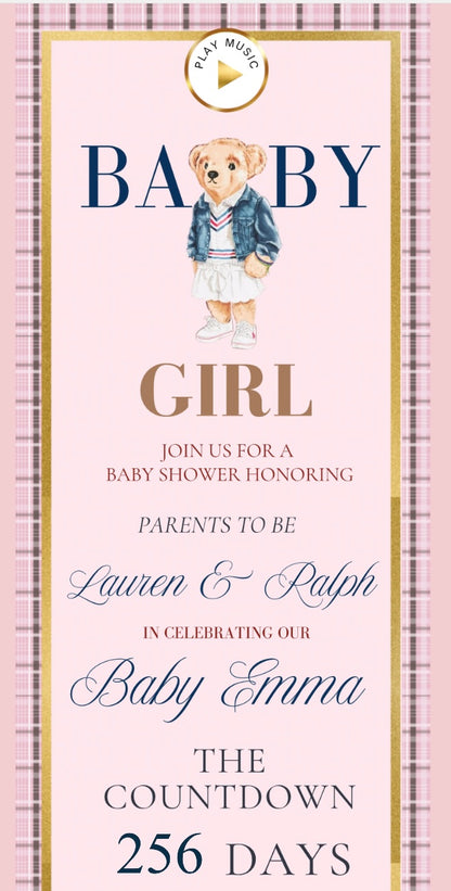 Pink Polo Ralph Lauren Baby Shower Invitation Website | Animated Classic Polo Girl Baby Shower Invite with Rsvp tracking