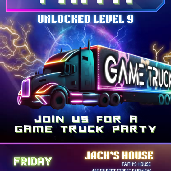 Game On Level Unlocked Truck Video Invitation | Digital Gaming Mobile Event Invite | Editable Online Template