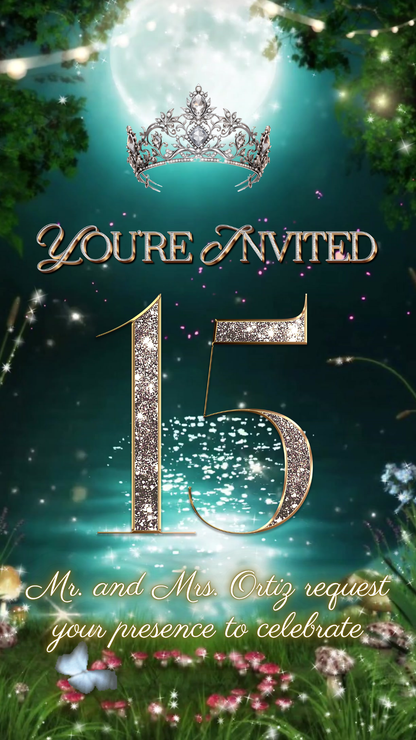 Enchanted Forest Quinceanera Video Invitation Princess and the frog Animated Invite Editable Canva Template Invite