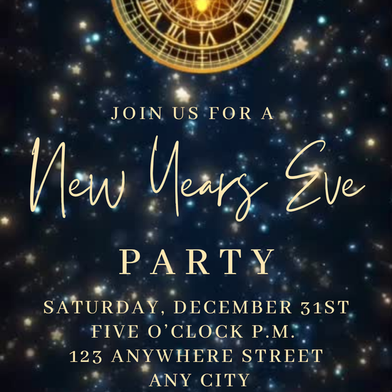 Midnight Clock New Year's Eve Video Invitation | Digital Starry Night Invite | Editable Online Template