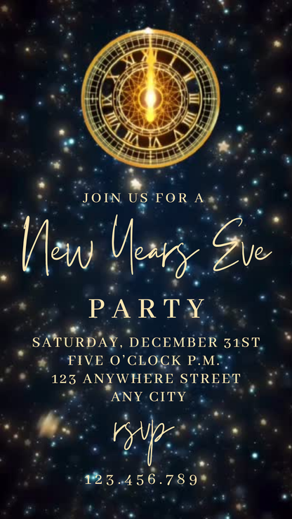 Midnight Clock New Year's Eve Video Invitation | Digital Starry Night Invite | Editable Online Template