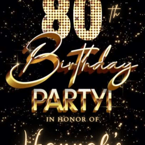 Editable gold fireworks 80th birthday video invitation displayed on a mobile phone, featuring an animated vertical digital invite with music, created in Canva. This premium video invitation template is designed for sharing by text, email, and social media and works with an interactive RSVP website for easy guest response tracking.