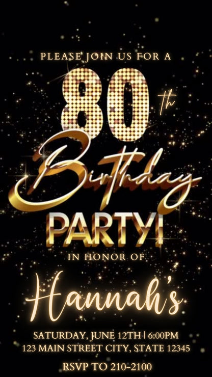 Editable gold fireworks 80th birthday video invitation displayed on a mobile phone, featuring an animated vertical digital invite with music, created in Canva. This premium video invitation template is designed for sharing by text, email, and social media and works with an interactive RSVP website for easy guest response tracking.