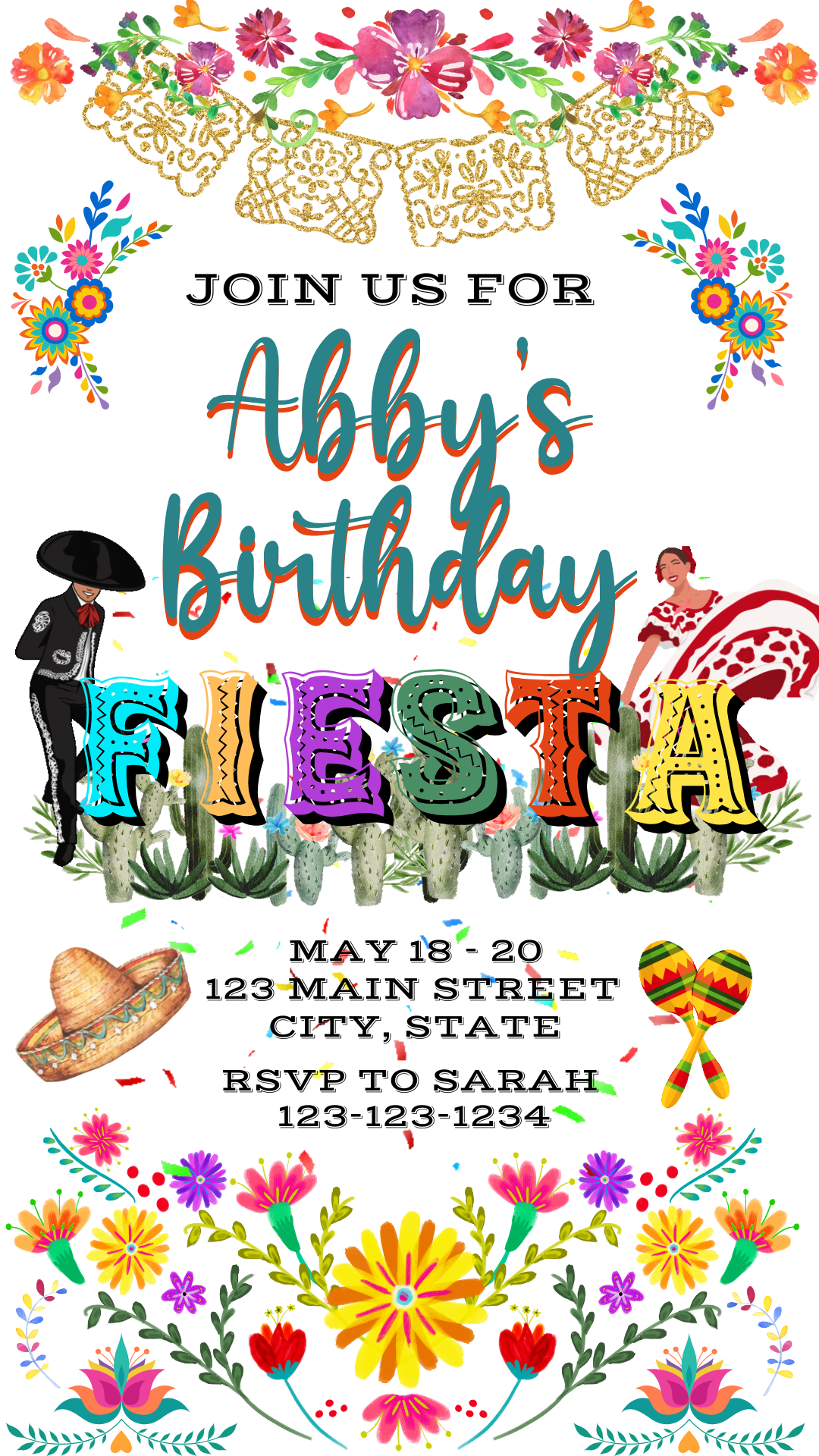 Vibrant Mexican Fiesta Video Invitation | Digital Papel Picado Floral Cactus Invite | Editable Online Template