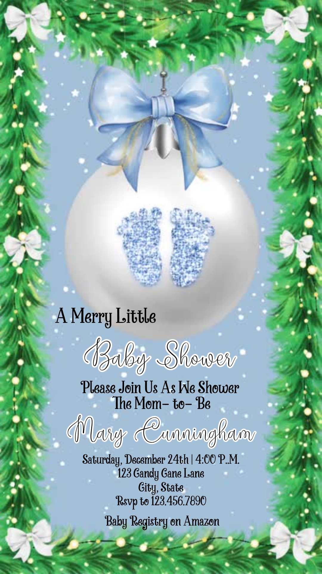 Blue Ornament Baby Shower Video Invitation | Digital Winter Invite | Editable Online Template