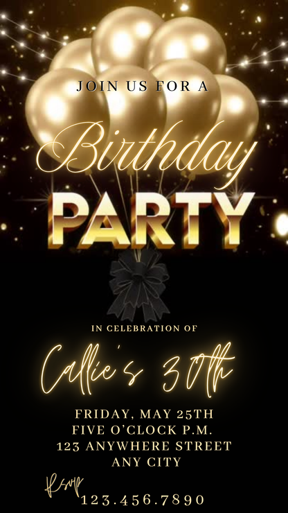 Gold Balloons Elegant 30th Milestone Video Invitation | Digital Sparkle Glamour Invite | Editable Online Template