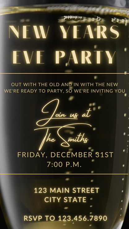 Gold Elegant New Year's Eve Video Invitation | Digital Champagne Invite | Editable Online Template