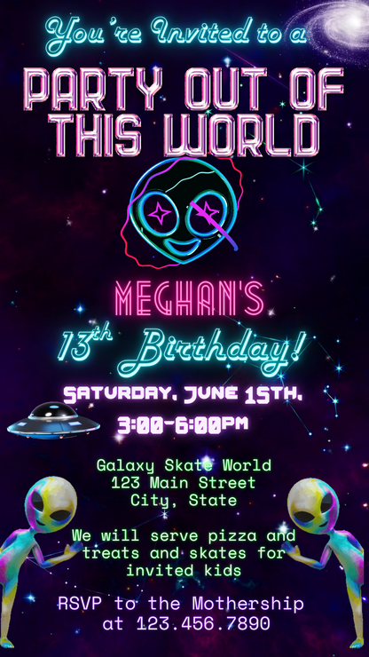 Party Out of This World Alien Birthday Invitation | Mobile Animated Alien Invite | Editable Canva Template