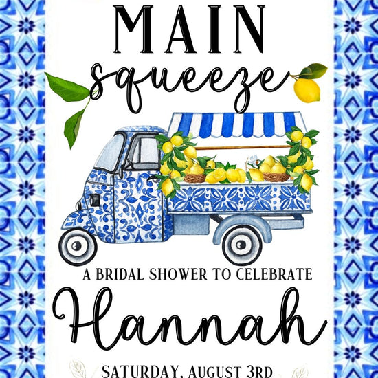 Editable amalfi lemon bridal shower bridal shower video invitation displayed on a mobile phone, featuring an animated vertical digital invite with music, created in Canva. This premium video invitation template is designed for sharing by text, email, and social media and works with an interactive RSVP website for easy guest response tracking.