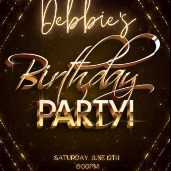 Editable gold glitter any age birthday video invitation displayed on a mobile phone, featuring an animated vertical digital invite with music, created in Canva. This premium video invitation template is designed for sharing by text, email, and social media and works with an interactive RSVP website for easy guest response tracking.