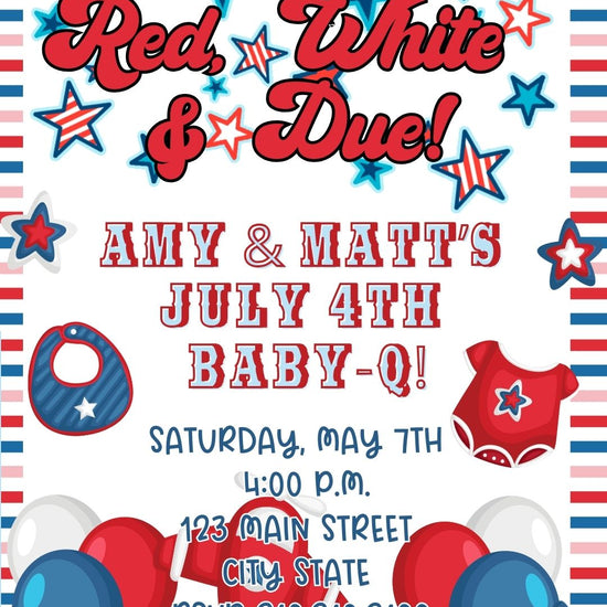 Editable red white blue 4th of july baby shower baby shower video invitation displayed on a mobile phone, featuring an animated vertical digital invite with music, created in Canva. This premium video invitation template is designed for sharing by text, email, and social media and works with an interactive RSVP website for easy guest response tracking.