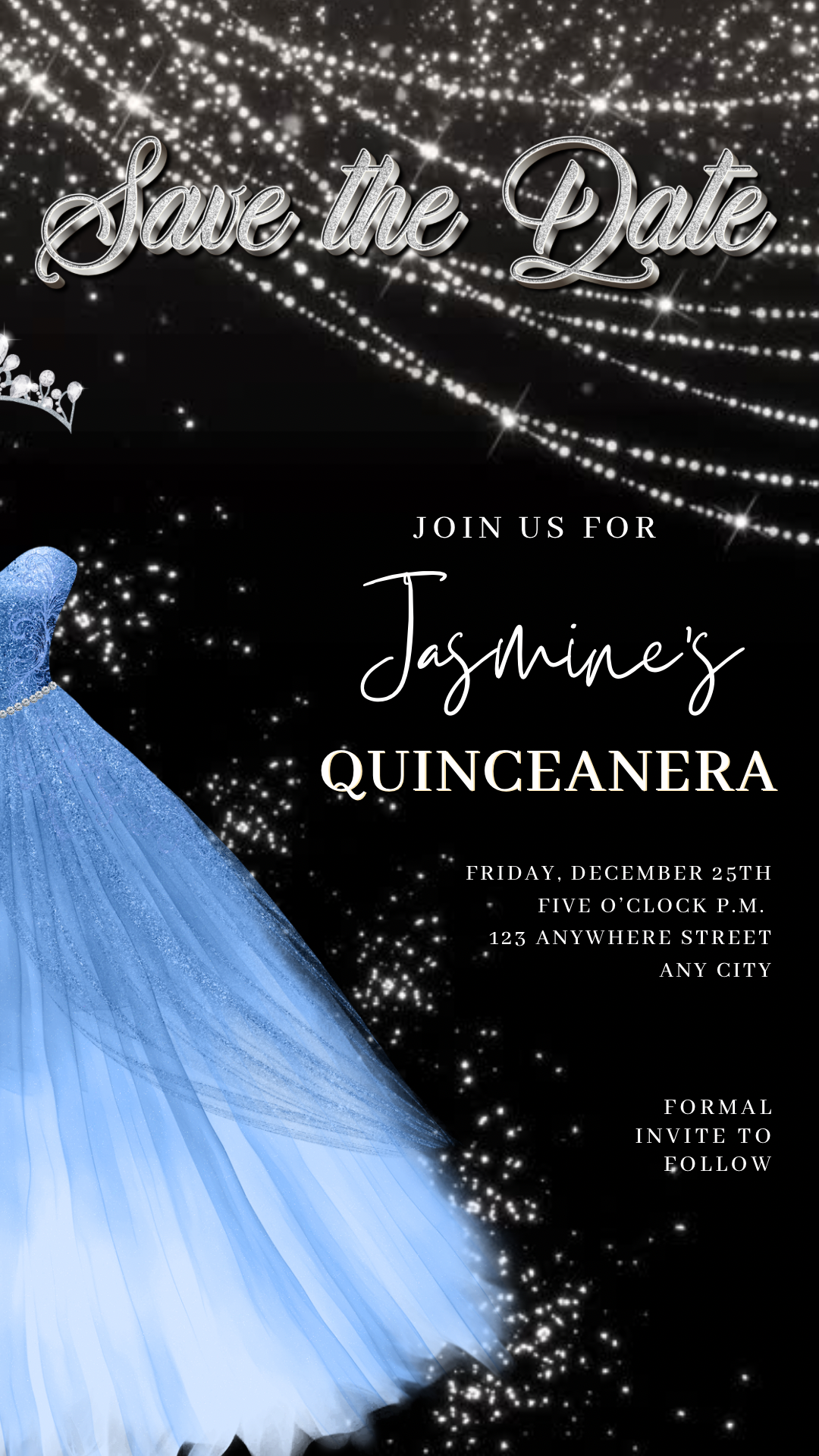Baby Blue Quinceanera Video Invite | Sweet 15 16 Quince RSVP Tracker | Editable Canva Evite Template