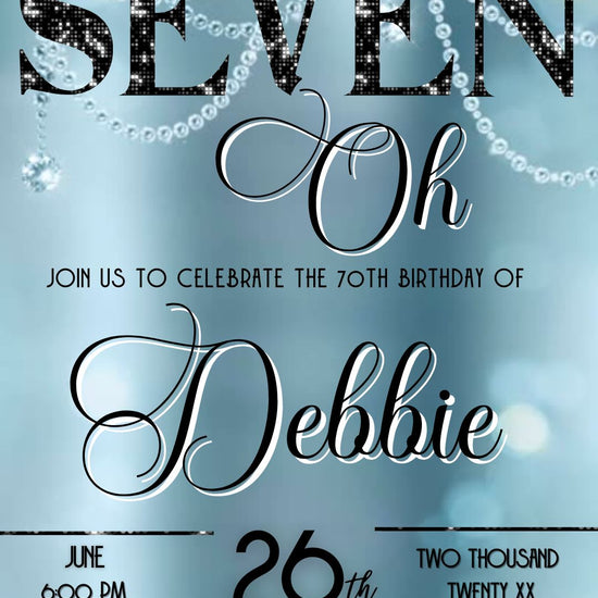 Editable baby blue elegant 70th birthday video invitation displayed on a mobile phone, featuring an animated vertical digital invite with music, created in Canva. This premium video invitation template is designed for sharing by text, email, and social media and works with an interactive RSVP website for easy guest response tracking.