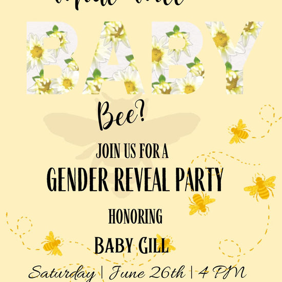 Editable bee gender reveal party party video invitation displayed on a mobile phone, featuring an animated vertical digital invite with music, created in Canva. This premium video invitation template is designed for sharing by text, email, and social media and works with an interactive RSVP website for easy guest response tracking.