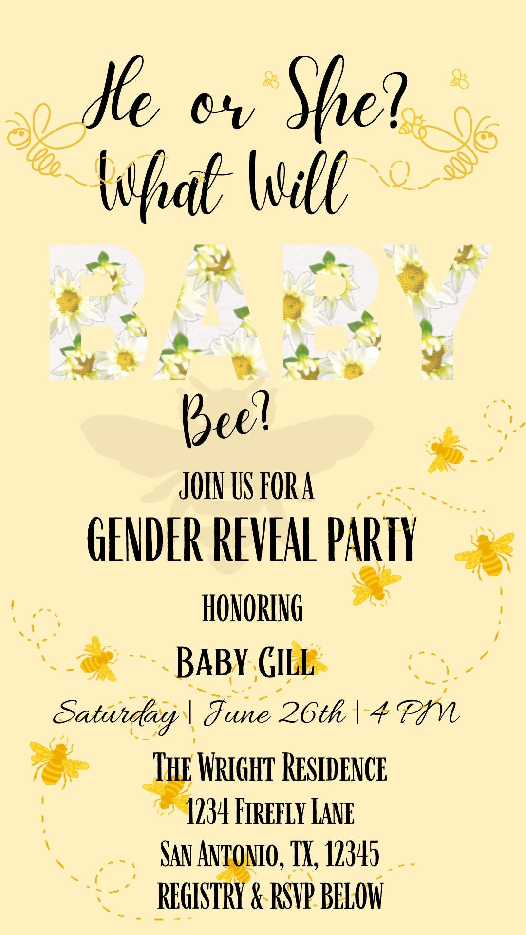 Editable bee gender reveal party party video invitation displayed on a mobile phone, featuring an animated vertical digital invite with music, created in Canva. This premium video invitation template is designed for sharing by text, email, and social media and works with an interactive RSVP website for easy guest response tracking.