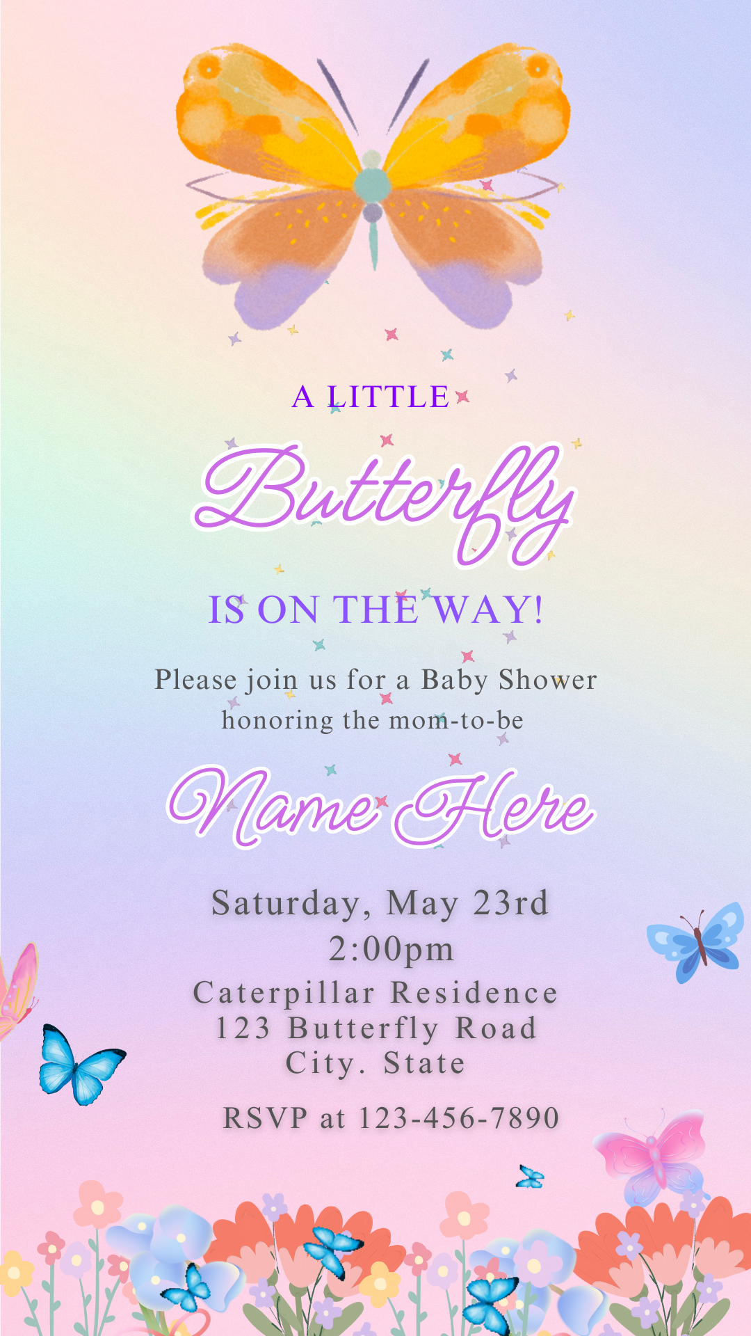 Butterfly party video invitation with floral pastel design