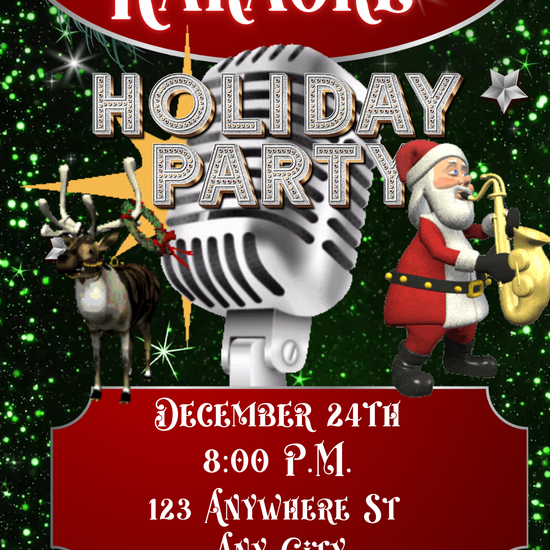 Editable Christmas Karaoke video invitation featuring Santa with a saxophone, reindeer, a vintage microphone, and sparkling green holiday background. Perfect for karaoke-themed holiday parties, office Christmas events, or family gatherings. Mobile-friendly Canva template in 1080x1920 vertical format with music, customizable text, and instant digital download for easy sharing.