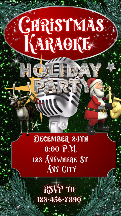 Editable Christmas Karaoke video invitation featuring Santa with a saxophone, reindeer, a vintage microphone, and sparkling green holiday background. Perfect for karaoke-themed holiday parties, office Christmas events, or family gatherings. Mobile-friendly Canva template in 1080x1920 vertical format with music, customizable text, and instant digital download for easy sharing.