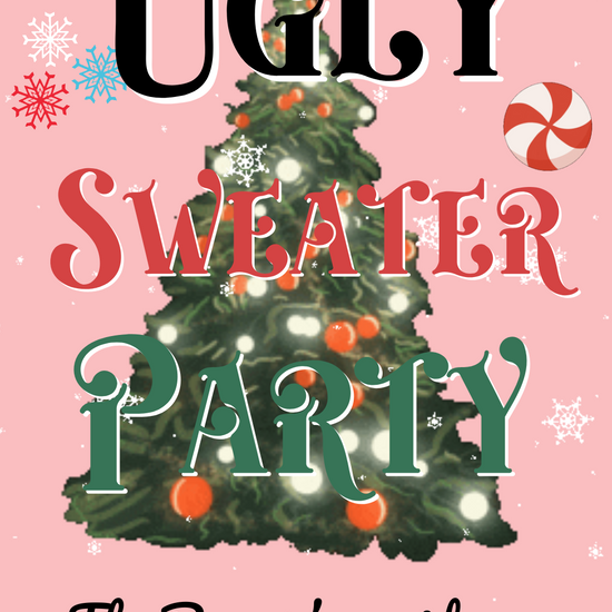 Pink ugly sweater party video invitation with festive holiday design
