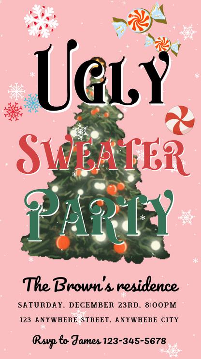 Pink ugly sweater party video invitation with festive holiday design