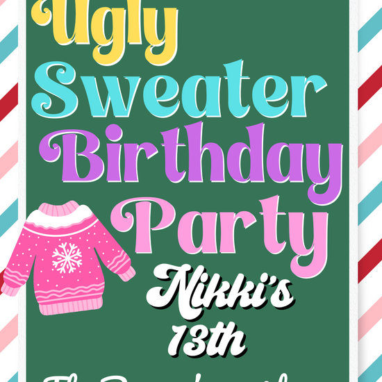 Teen Ugly Sweater Christmas party video invitation with colorful patterns
