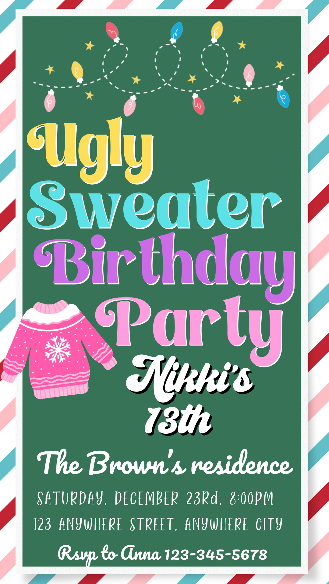 Teen Ugly Sweater Christmas party video invitation with colorful patterns