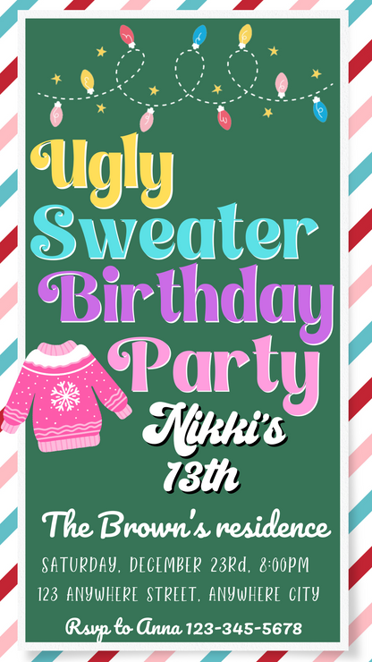 Teen Ugly Sweater Christmas party video invitation with colorful patterns