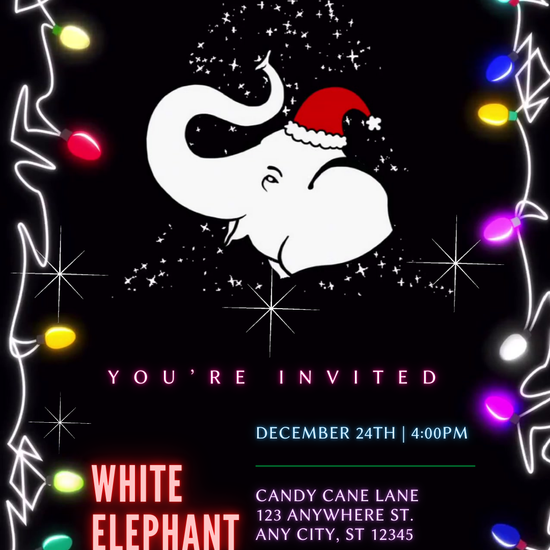 White Elephant Christmas party video invitation with festive graphics