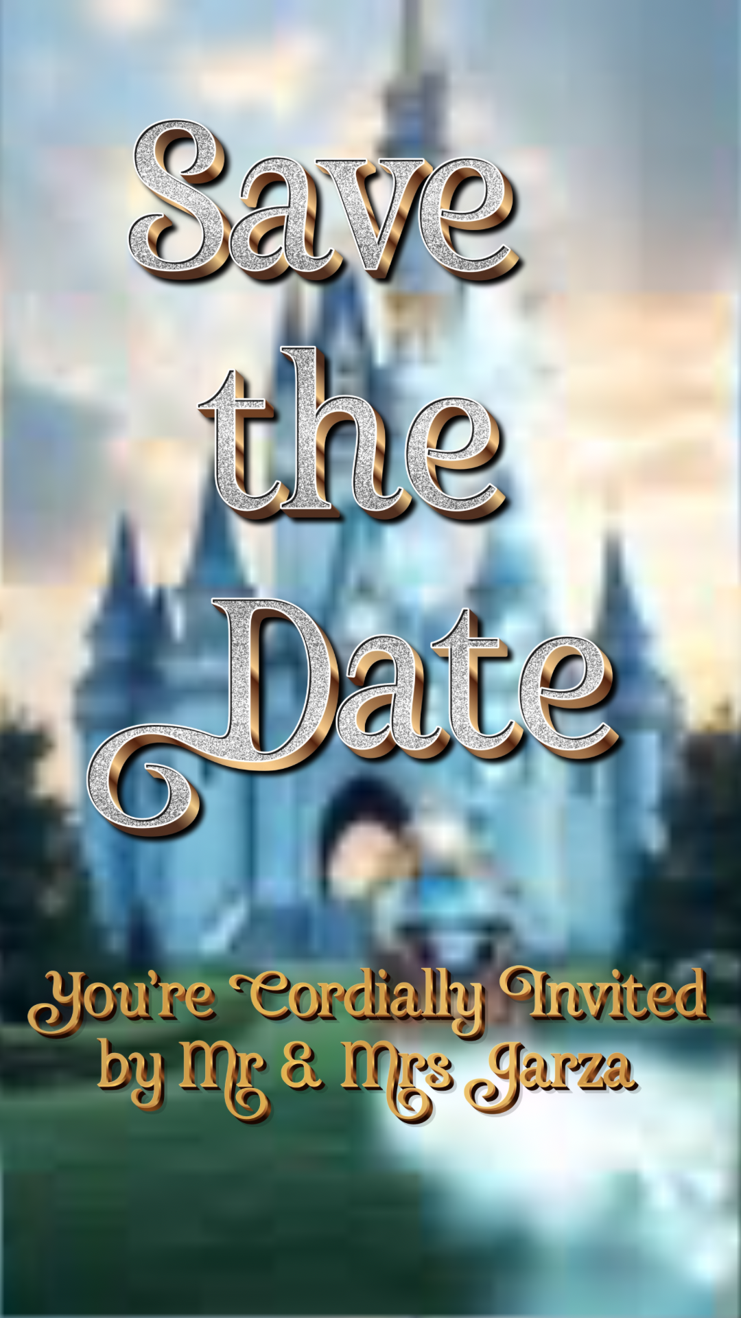 Royal Princess Cinderella-inspired save the date video invitation featuring a magical fairytale castle backdrop, gold royal lettering, and enchanting animations. Perfect for quinceañera, sweet 16, wedding, or birthday party celebrations. Personalized with your details, edited in 24 hours, and delivered as a high-quality vertical 1080x1920 MP4 video with music. Shareable via text, WhatsApp, email, or social media.